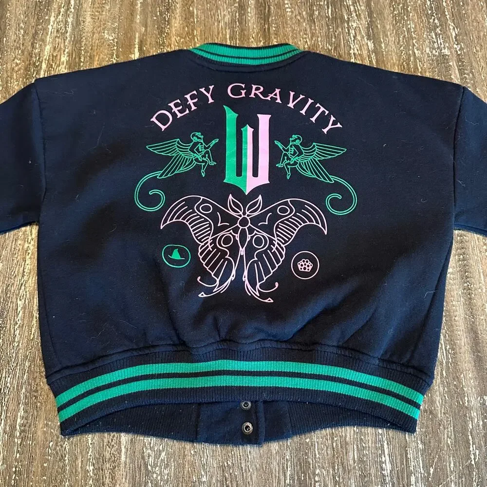 Wicked Paul Tazewell Varsity Bomber Jacket Black Green Pink Girls Size S (6/7)